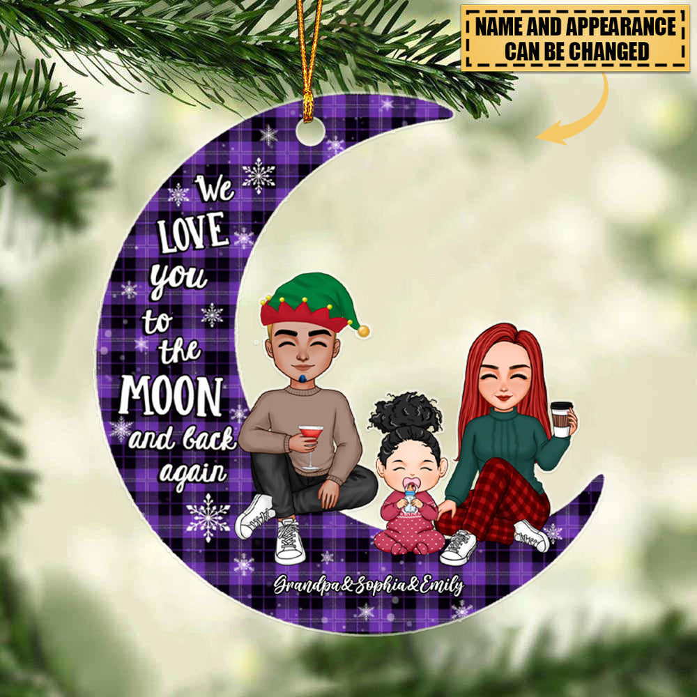 Checkered Pattern Cute Grandma Grandpa & Grandkid On Moon Christmas Gift Personalized Acrylic Ornament