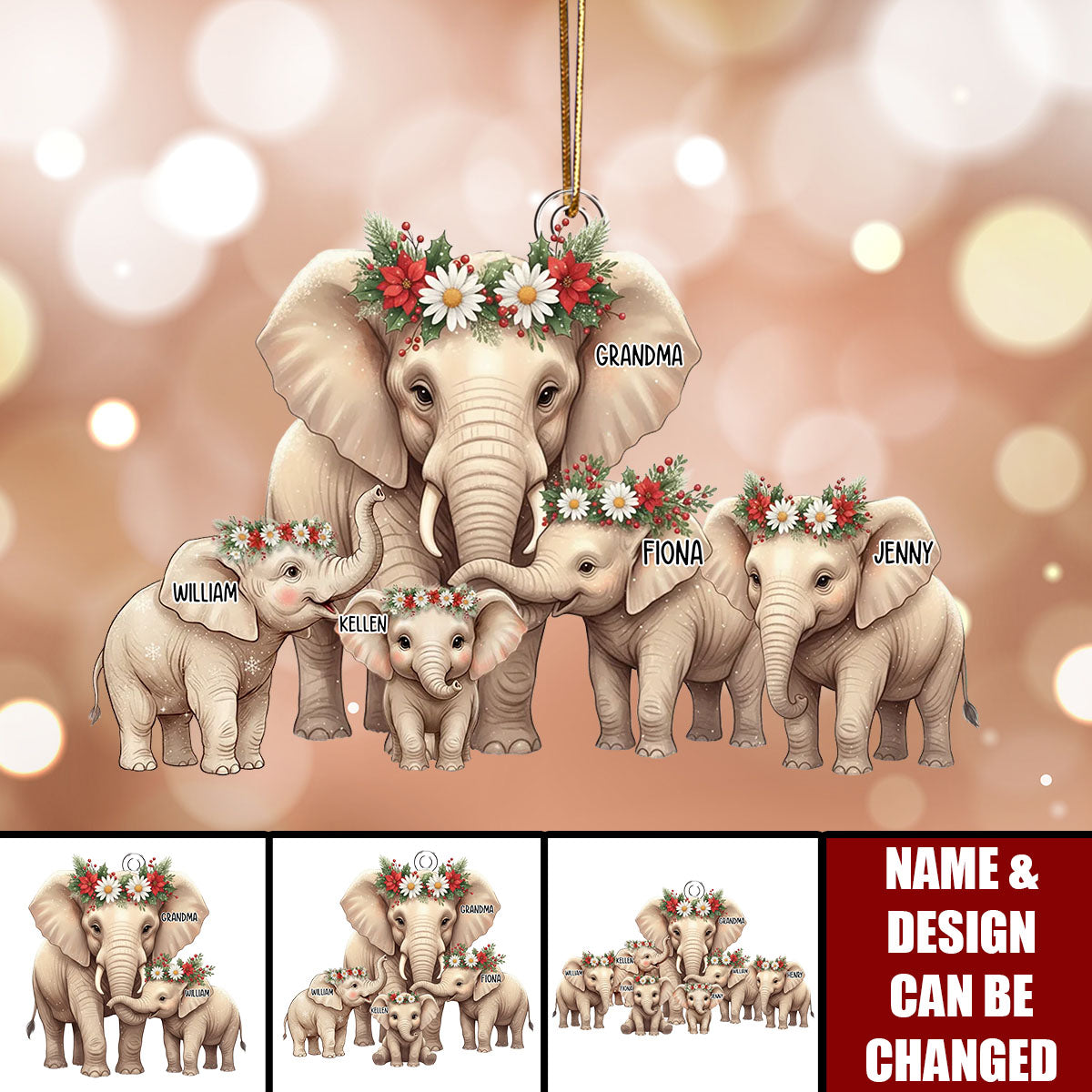 Grandma/Mommy Elephant With Little Calves - Personalized Acrylic Ornament