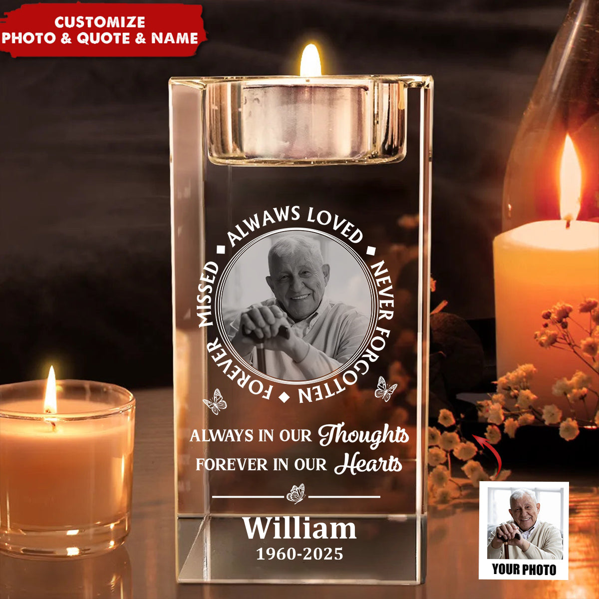 Custom Photo Memorial Always Loved Never Forgotten - Personalized Crystal Candle Holder