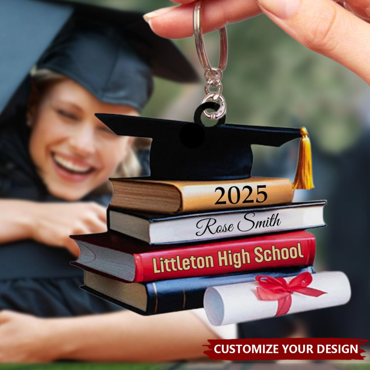 Graduation Cap And Books - Personalized Acrylic Keychain, Gift For Graduates