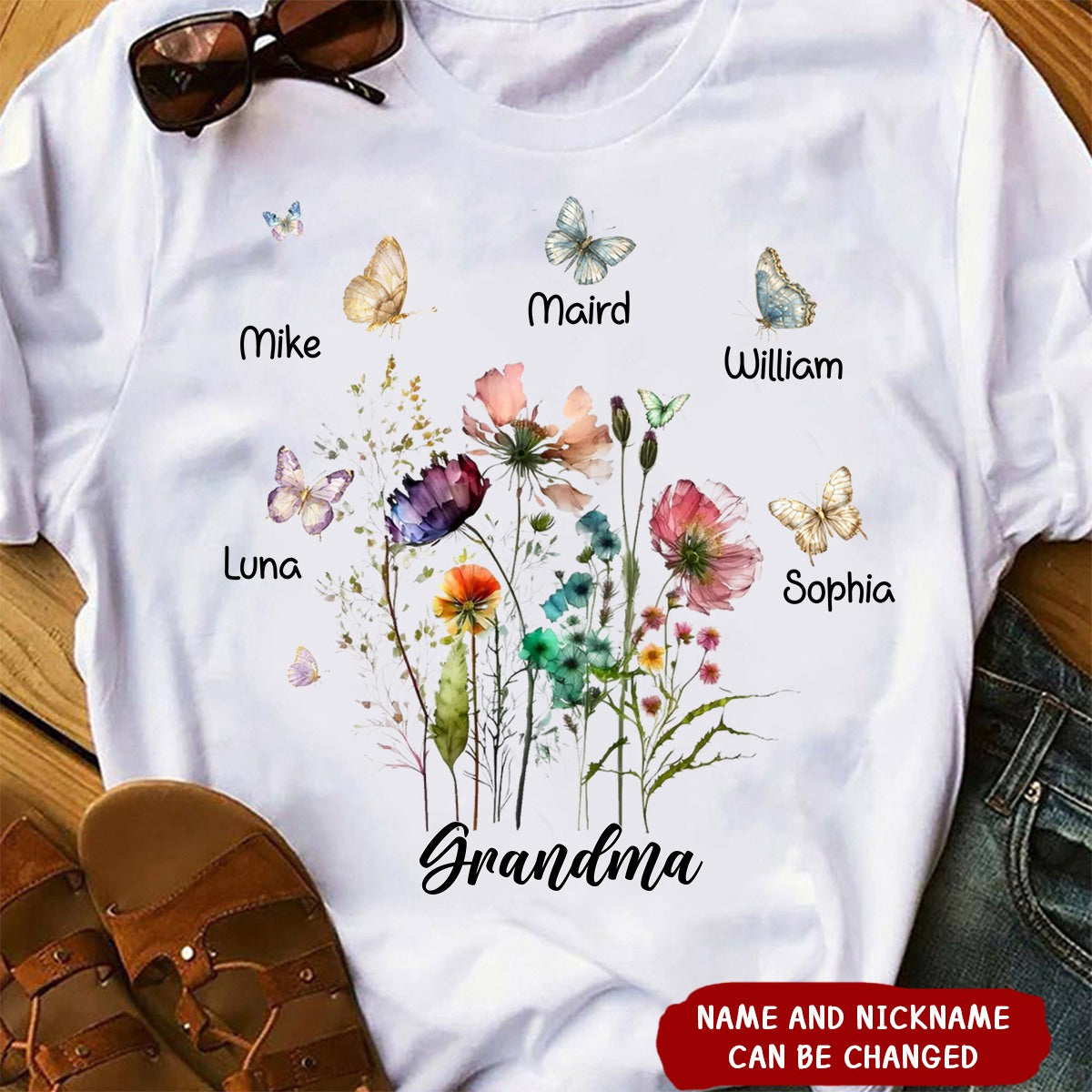 Grandma's Garden Comfort Color Flowers With Butterflies Personalized T-shirt