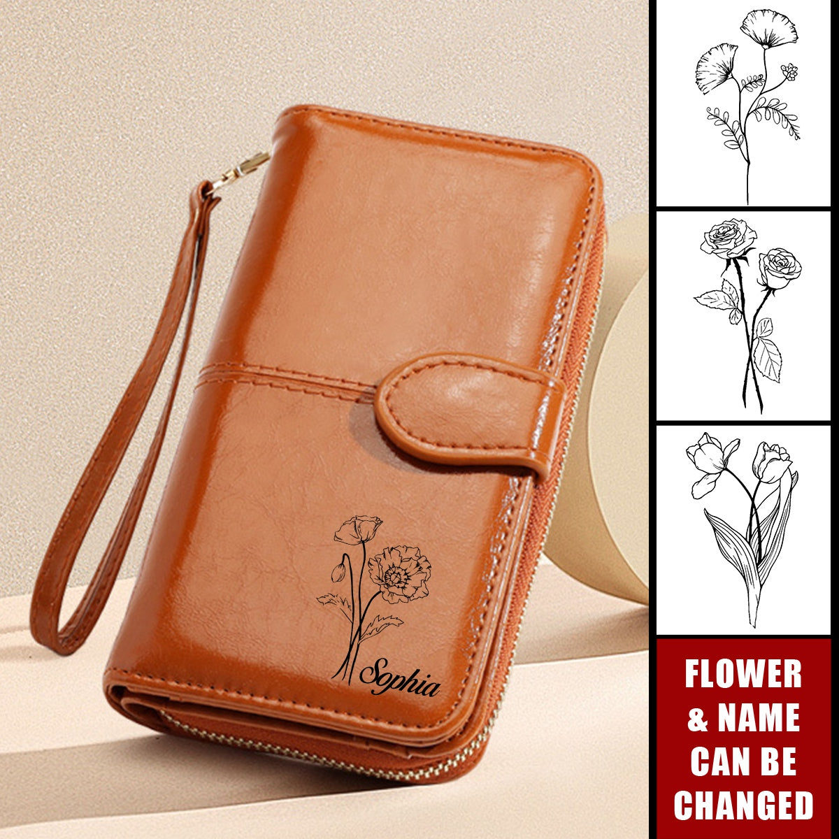 Personalized Birthday Flower Zipper Leather Wristlet Wallet