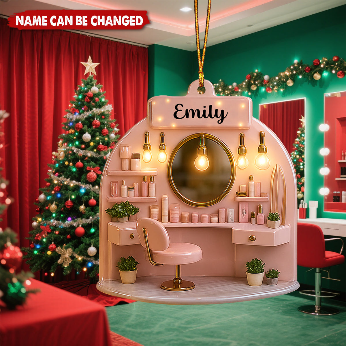 Beauty Salon Ornament With Stylish Vanity- Personalized Wood Ornament, Gift for Beauty Enthusiasts