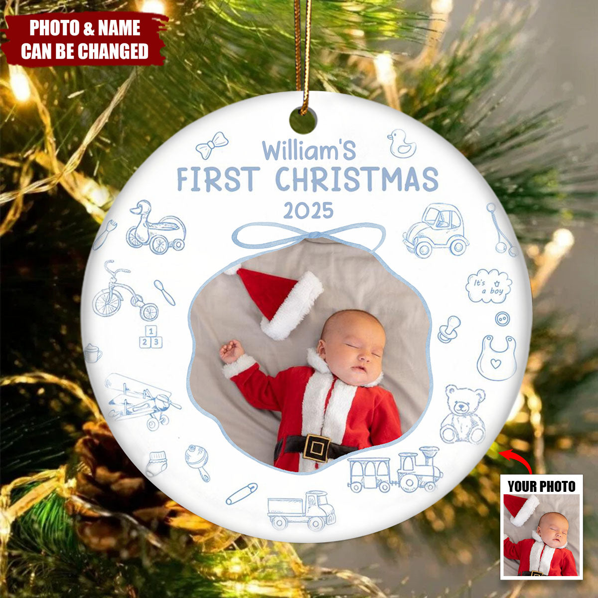 Baby First Christmas Toile De Jouy - Personalized Ceramic Photo Ornament