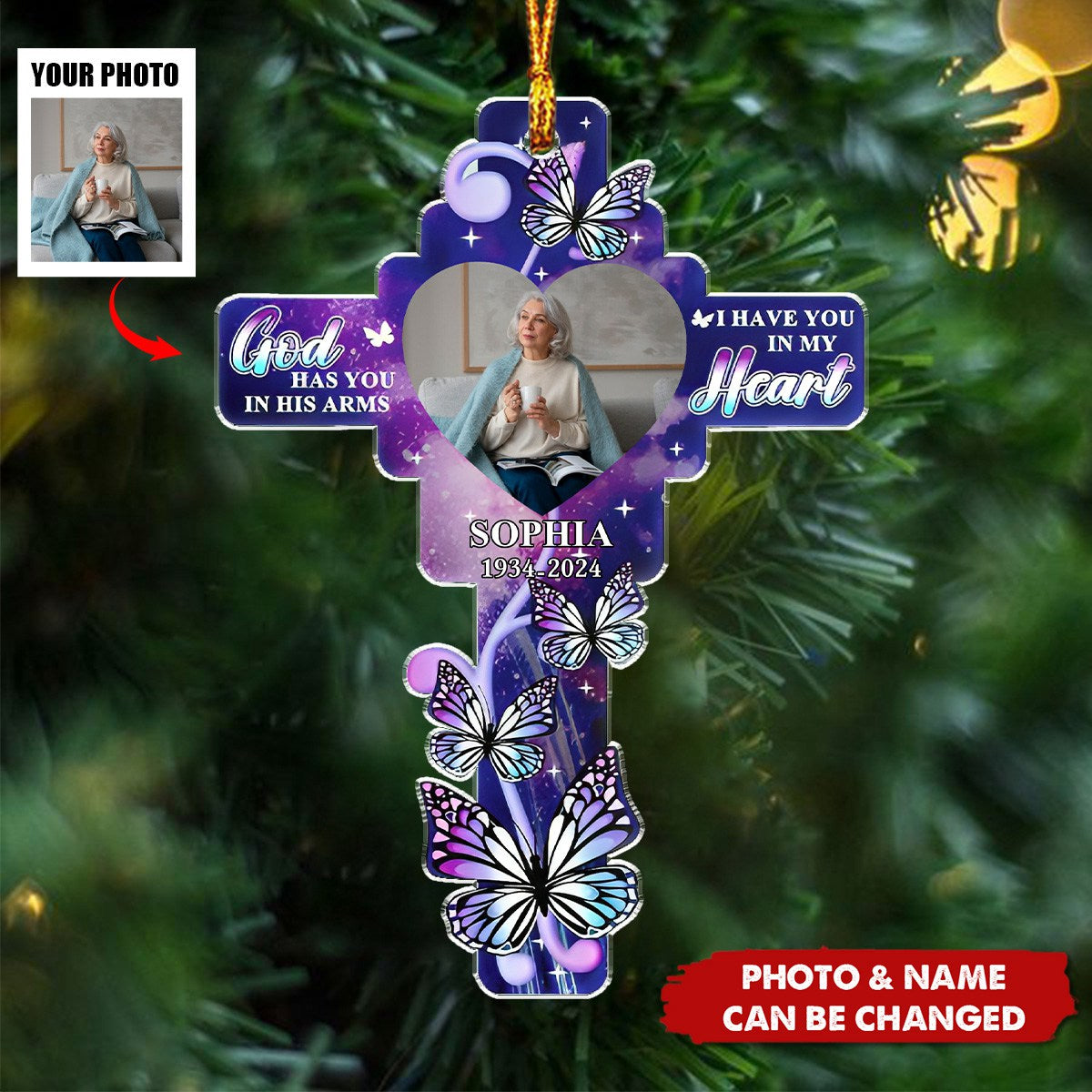 Custom Photo God Has You In His Arms - Personalized Acrylic Ornament