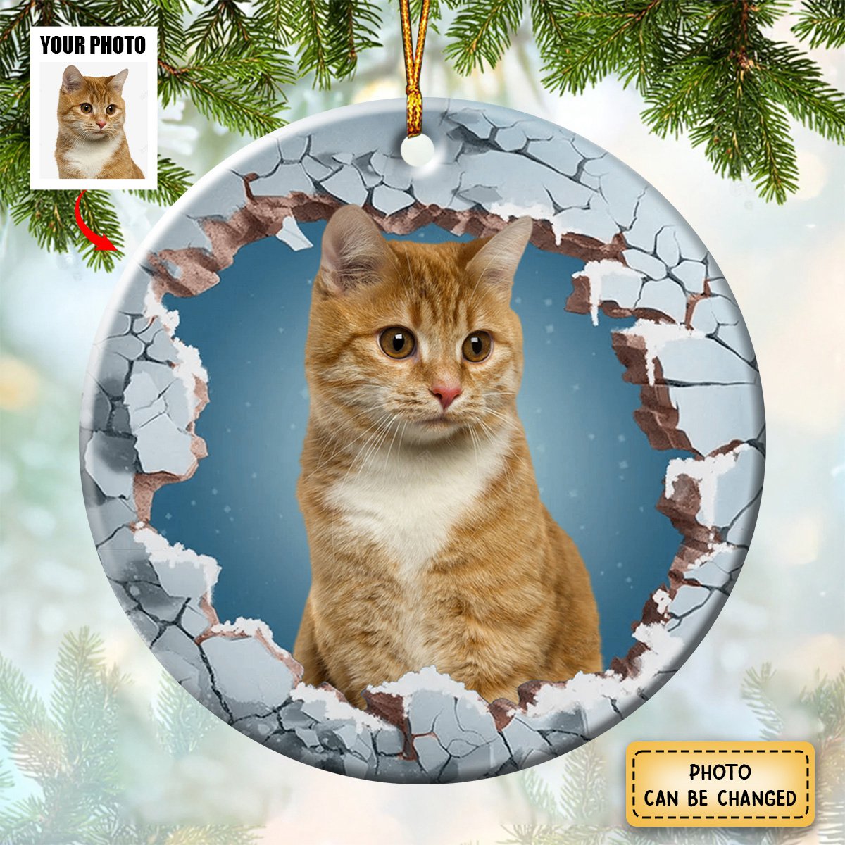 Custom Photo Dog Cat Breaking Through Ornament - Personalized Circle Ceramic Ornament