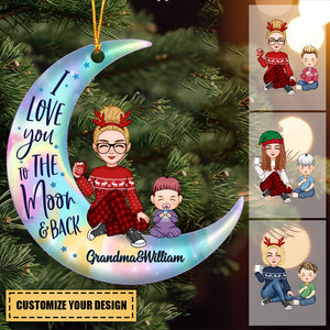 Colorful Cute Grandma & Grandkid On Moon Christmas Gift For Granddaughter Grandson Personalized Acrylic Ornament