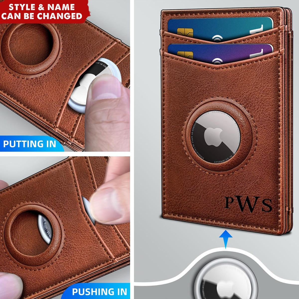 Personalized Leather Card Holder Magnetic Closure RFID Blocking AirTag Wallet