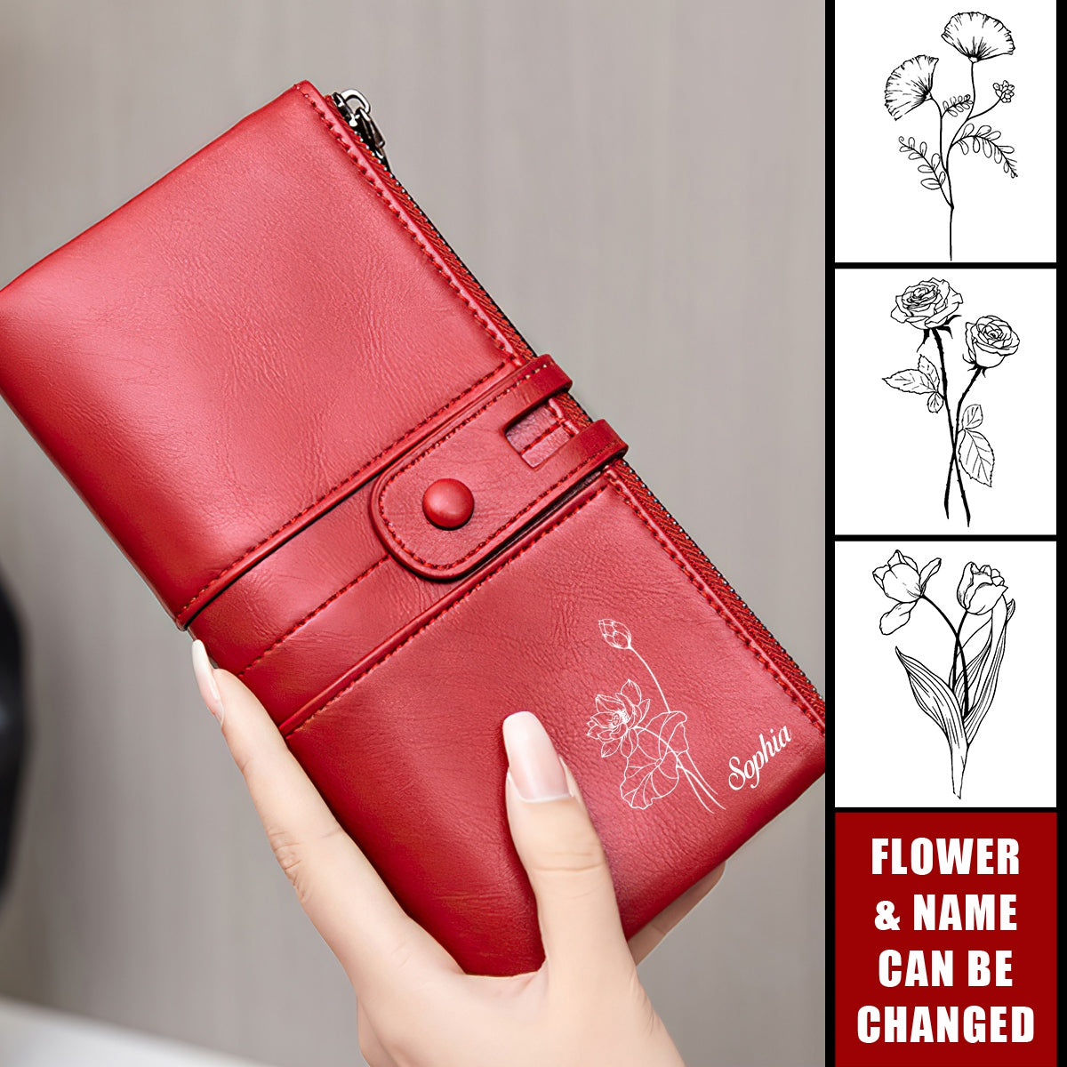 Multi-Card Bit Double Zipper Personalized Birthday Flower Clutch Purse Wallet