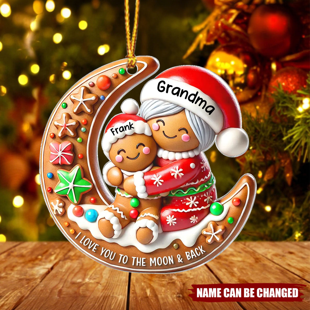 3D Effect Gingerbread Grandma Hugging Grandkids On Moon Christmas Personalized Acrylic Ornament
