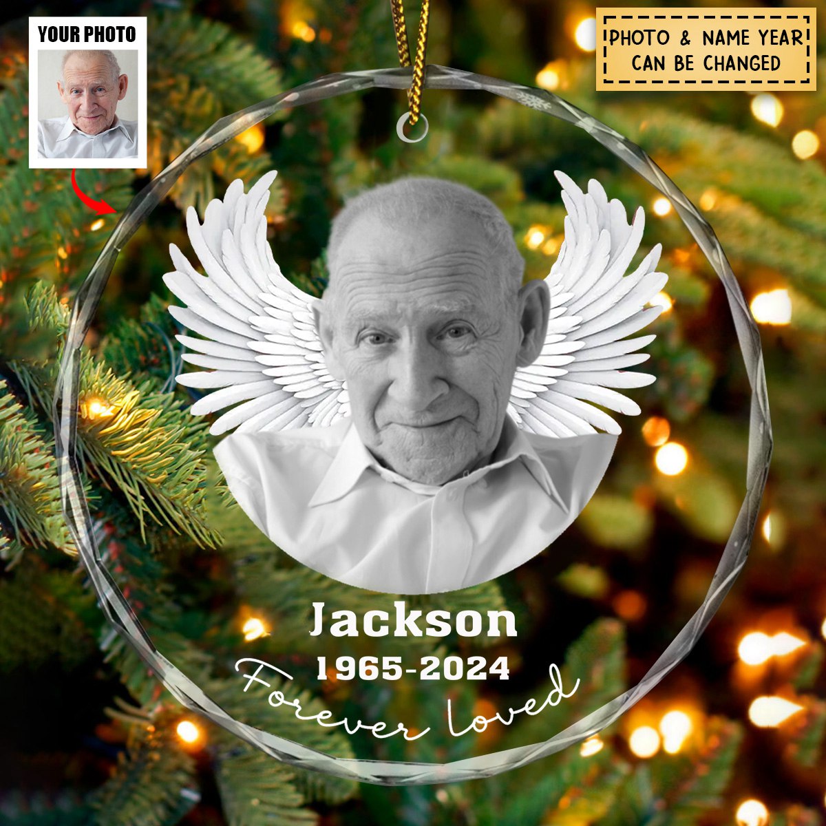 Photo Uploaded Memorial Personalized Circle Glass Ornament, Christmas Decoration