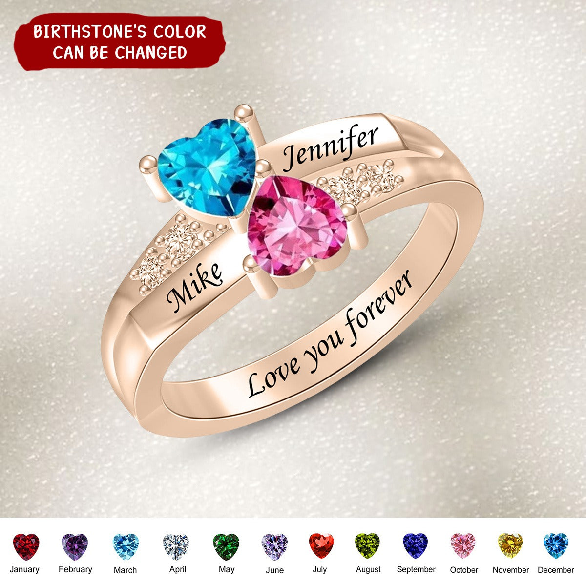 Personalized Couple 2 Birthstones Rings Custom Heart Ring for Couple Engraving Promise Ring Engagement Ring for Women Valentines Day Gifts for Wife Girlfriend