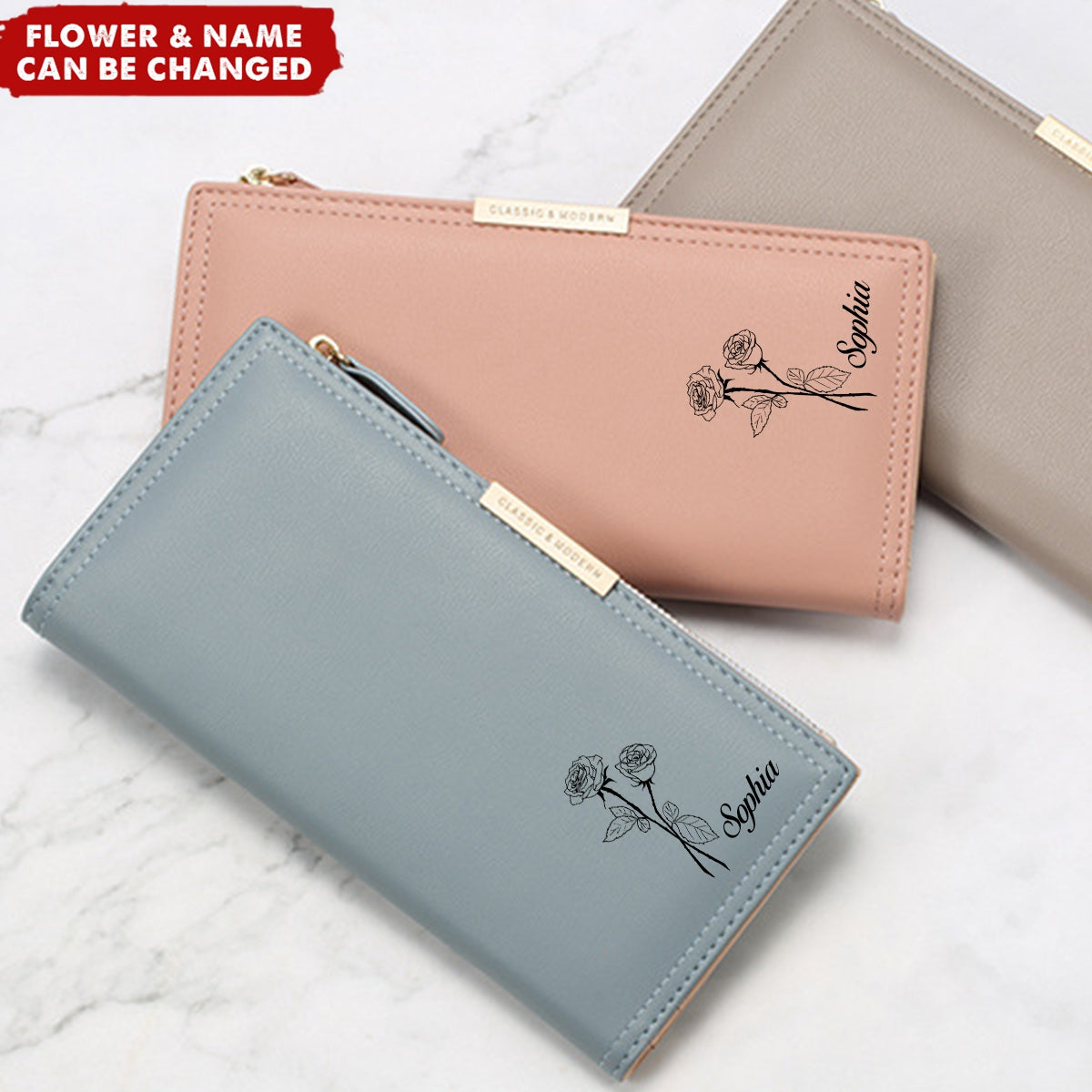 Zipper Magnetic Closure Double Fold Personalized Birthday Flower Purse Wallet