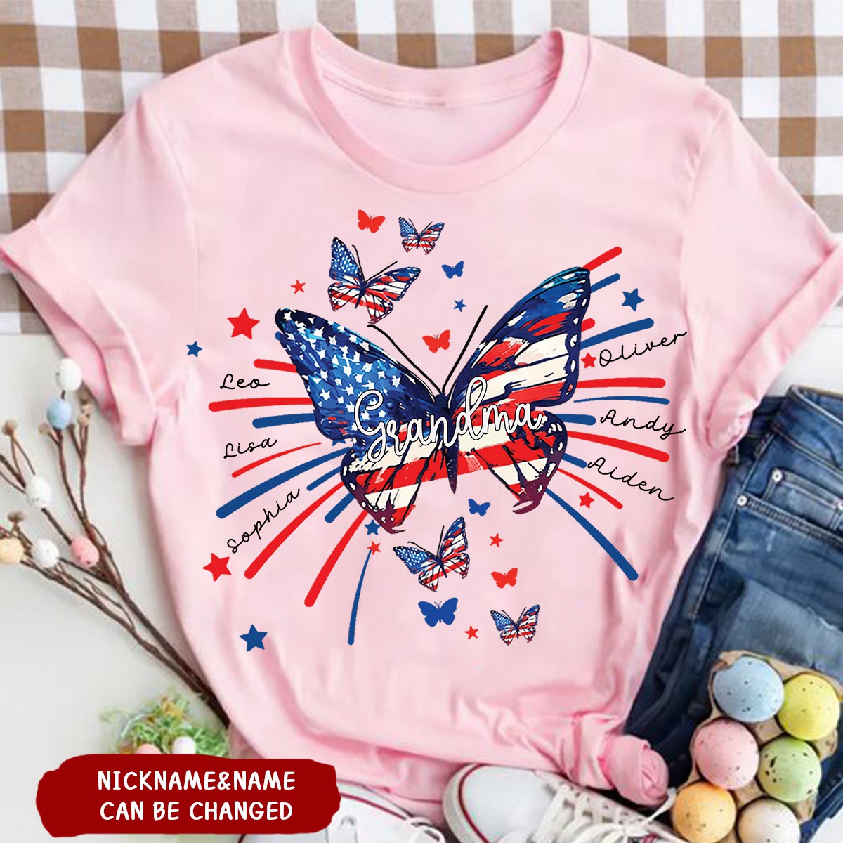 Mimi Butterfly Flag Star And Grandkids 4th Of July Personalized Shirt