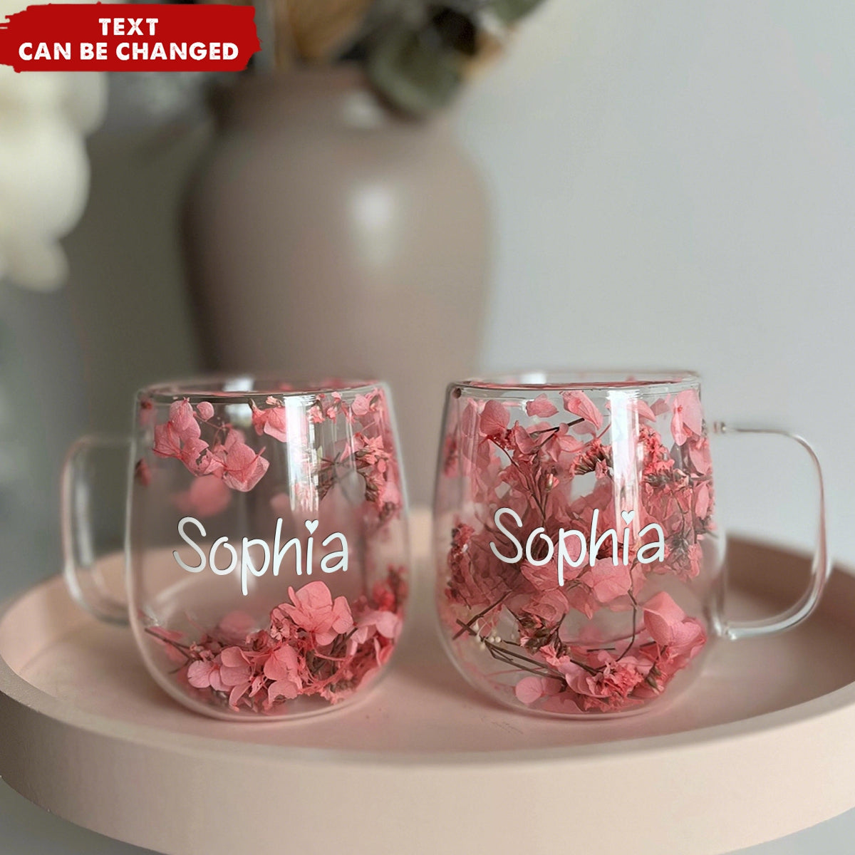 Insulated Layer Dried Flowers Personalized Double Walled Glass Coffee Mug With Handle