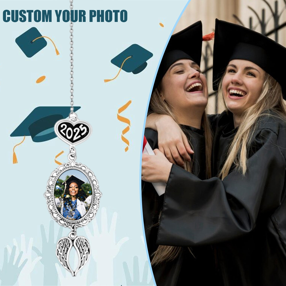 Personalized Graduation Tassel Photo Charm With Angel Wings, Grad Cap Decoration