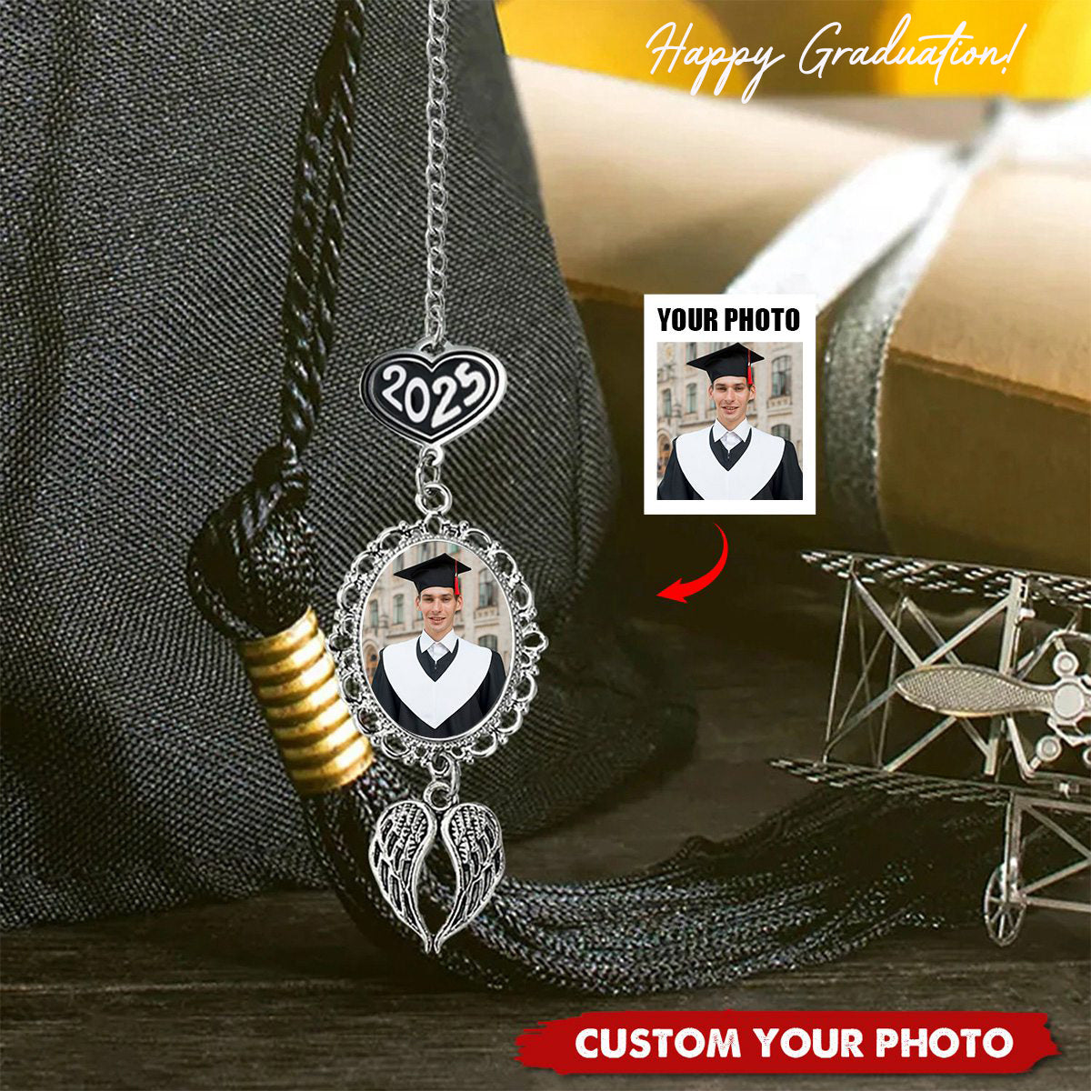 Personalized Graduation Tassel Photo Charm With Angel Wings, Grad Cap Decoration
