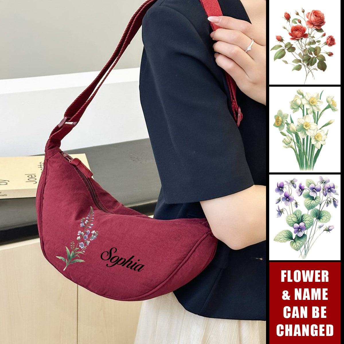 Birth Flower Underarm Crescent Shoulder Personalized Phone Crossbody Bag