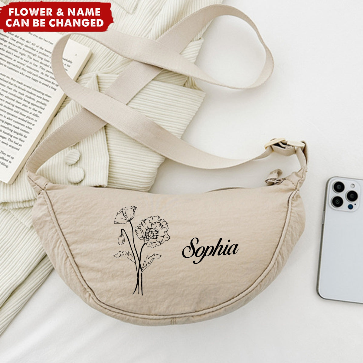 Birth Flower Underarm Crescent Shoulder Backpack Personalized Phone Crossbody Bag