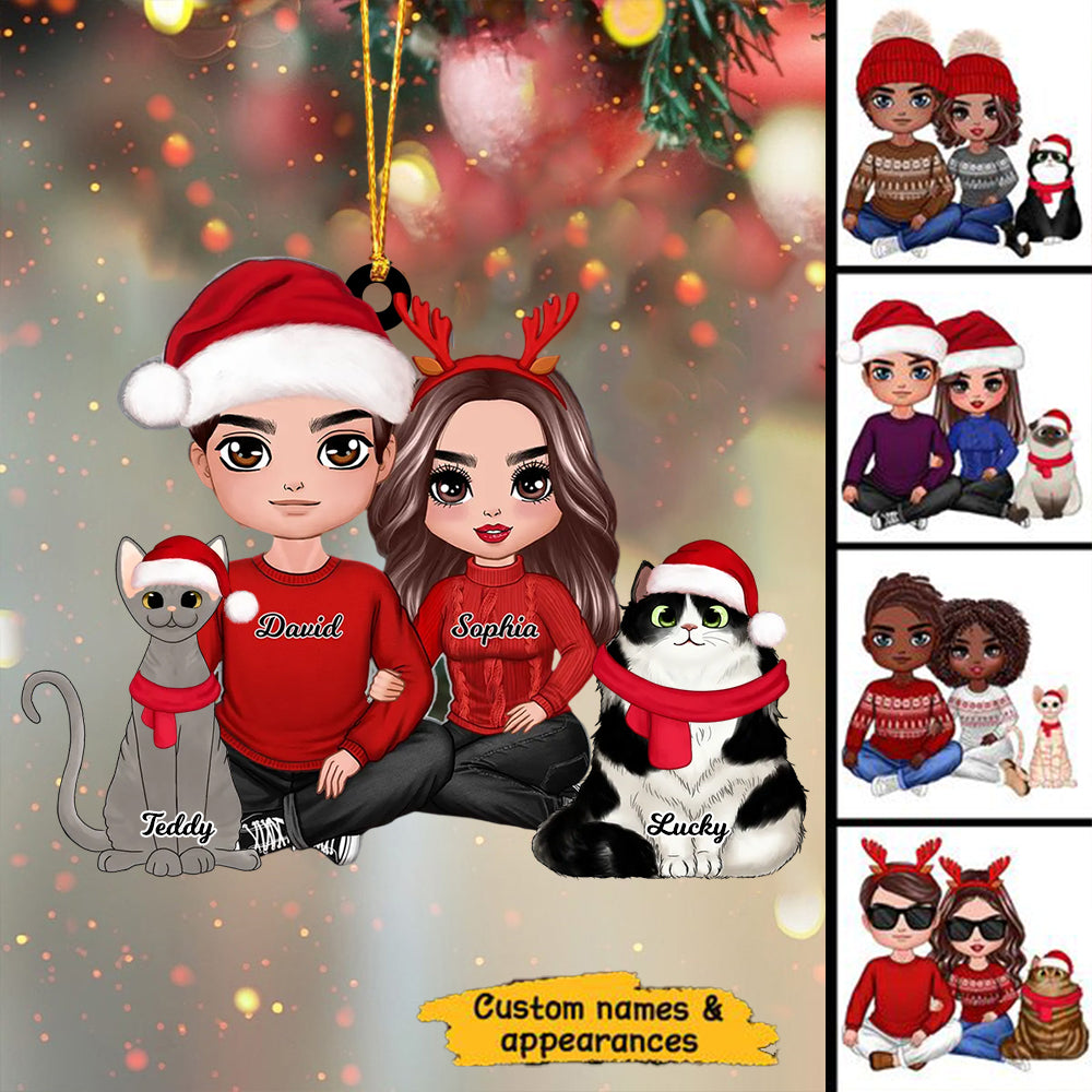 Doll Couple Sitting With Cat Christmas Personalized Acrylic Ornament