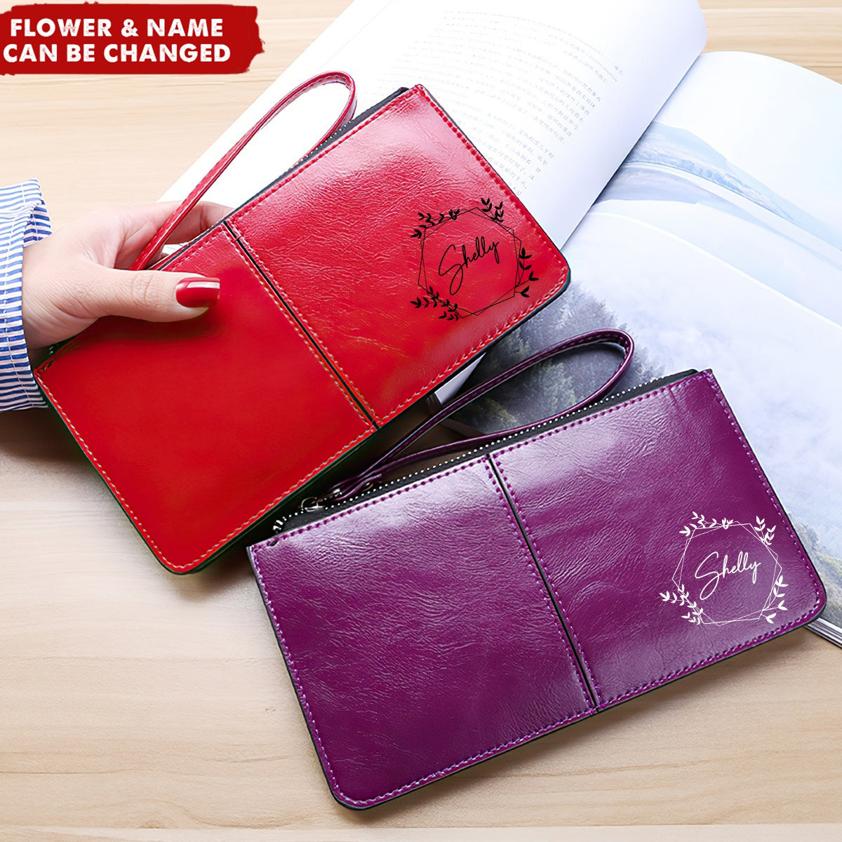Personalized Name Wristlet Zipper Vintage Clutch Wallet