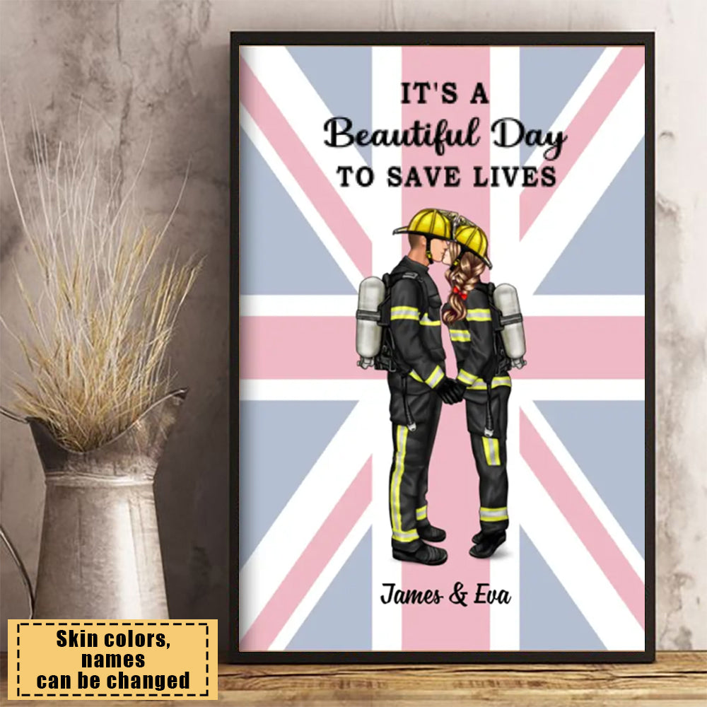 She Saves Lives and He Rescues Them Great Britain Flag - Personalized Poster, Couple Portrait, Firefighter, EMS, Nurse, Police Officer, Military Gifts