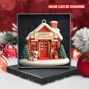 Pet Salon With Dog and Christmas Tree - Personalized Wood Ornament