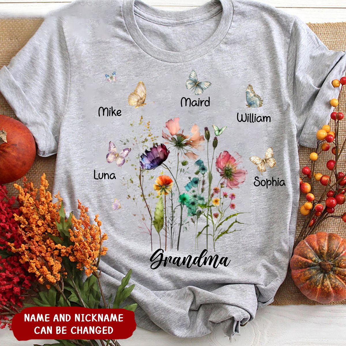 Grandma's Garden Comfort Color Flowers With Butterflies Personalized T-shirt