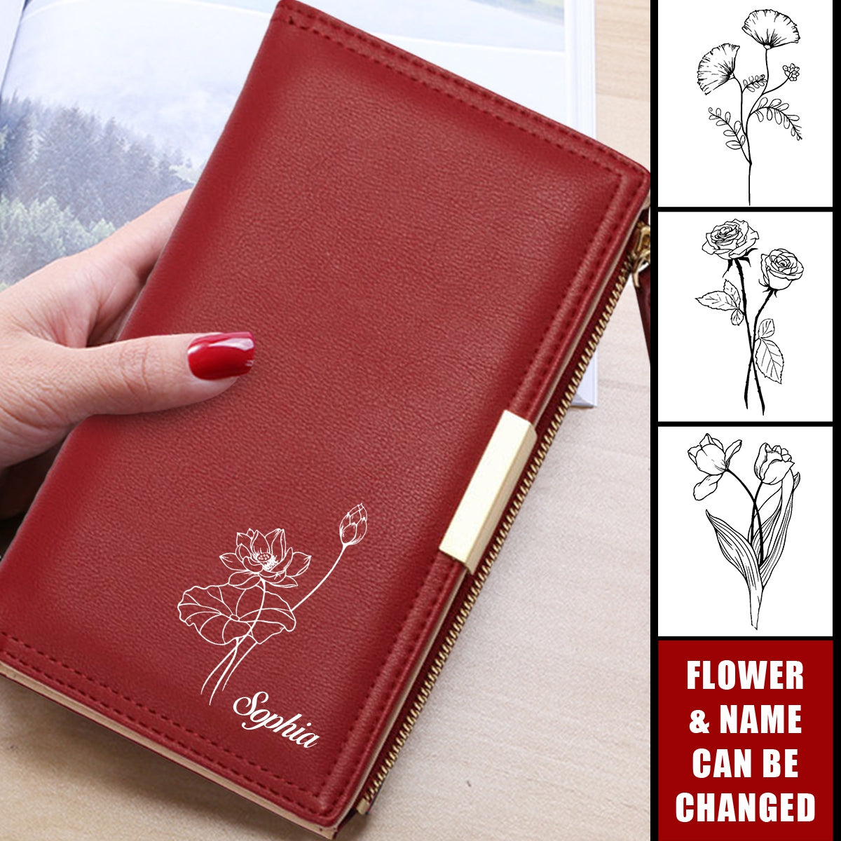 Zipper Magnetic Closure Double Fold Personalized Birthday Flower Purse Wallet