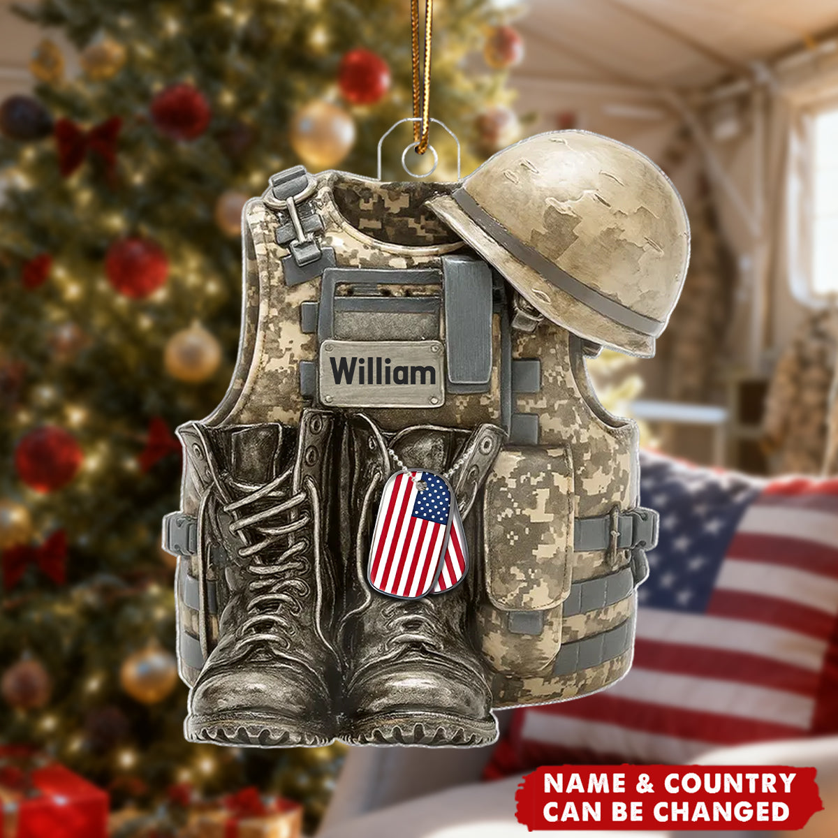 3D Effect Military Combat Vest, Boots And Helmet - Personalized Acrylic Ornament