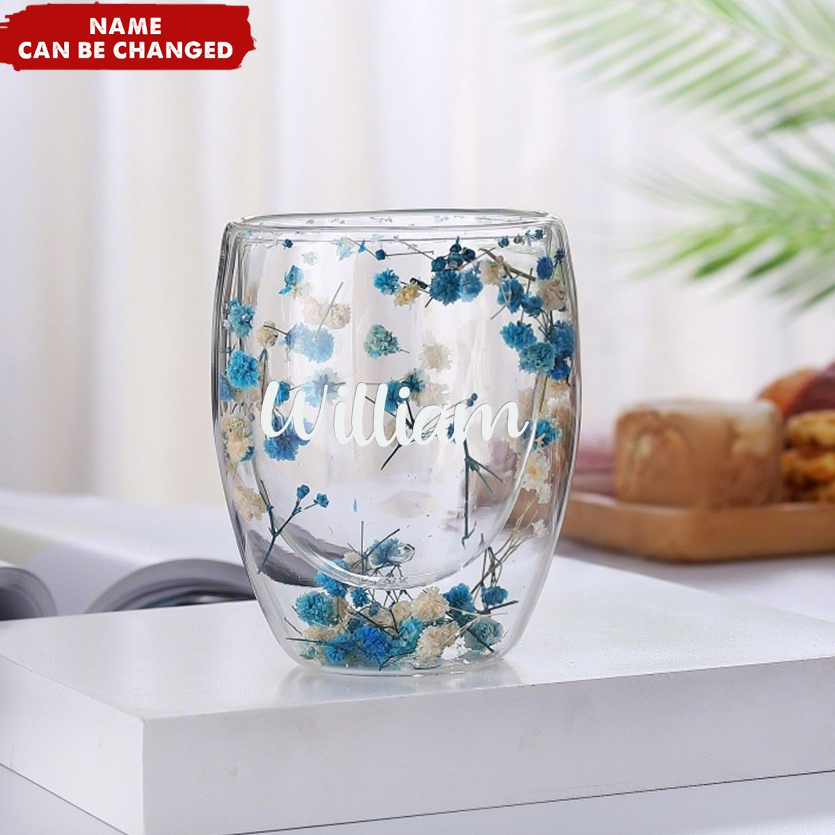 Personalized Insulated Layer Dried Flowers Double Wall Clear Glass Coffee Mugs
