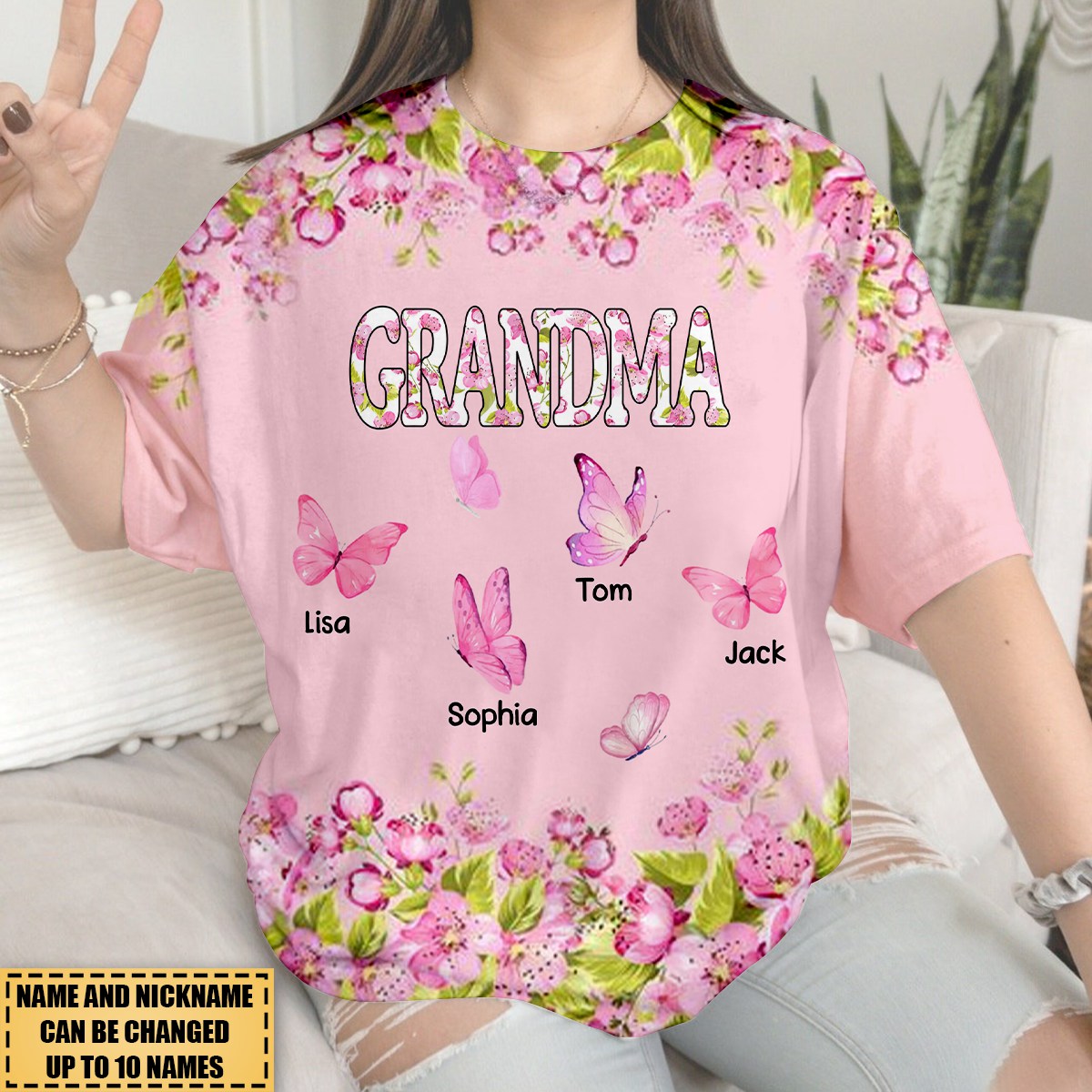 Pink Floral Nana Butterfly Kids Personalized 3D T-Shirt