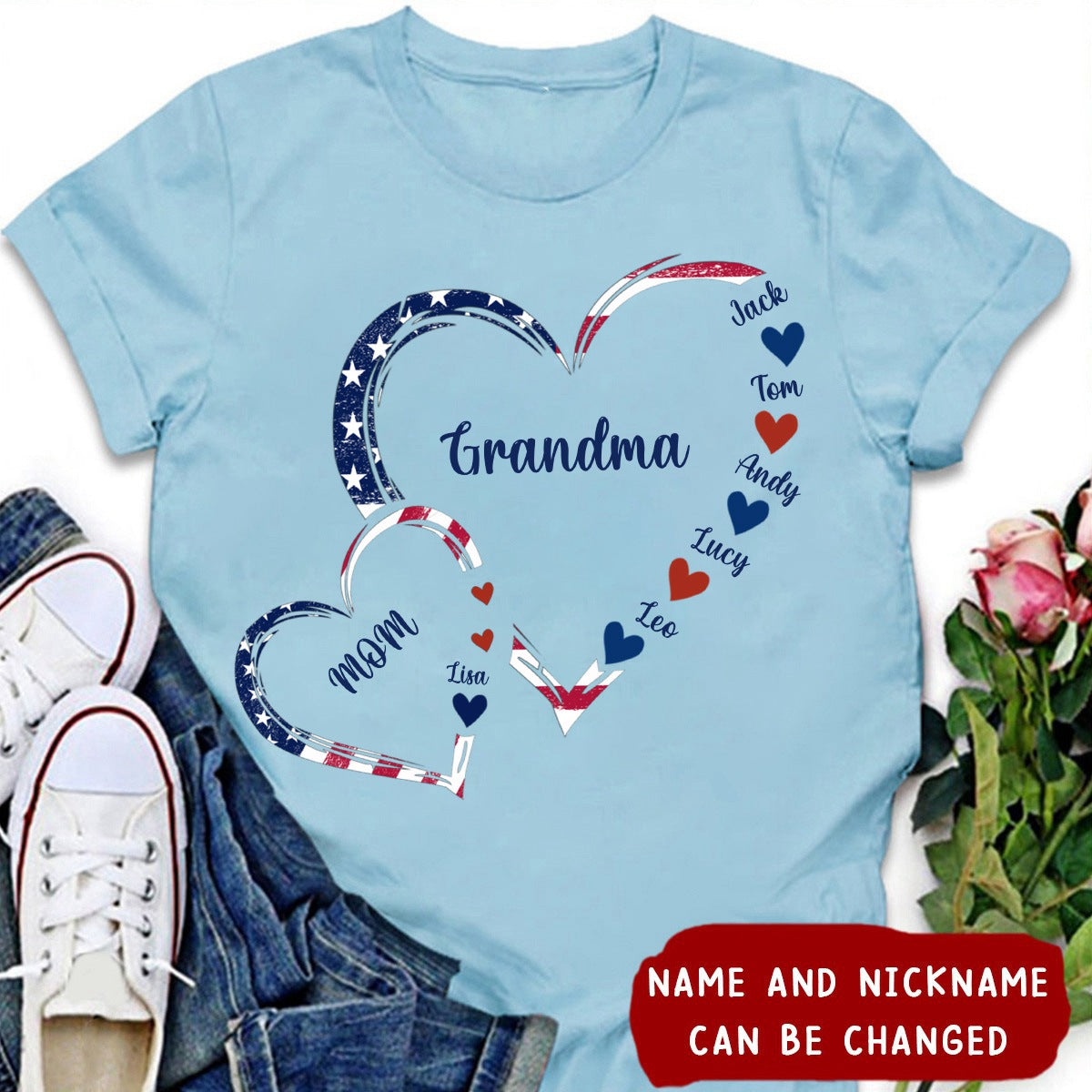 4th Of July America Flag Heart Mom Grandma And Grandkids Hearts Gift For Grandma Personalized Shirt