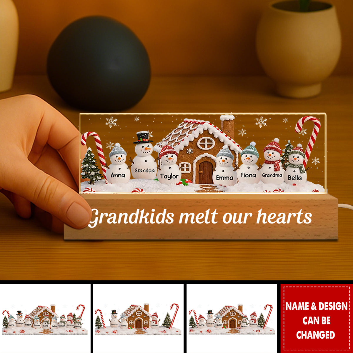 3D Effect Snowman Family Grandparents In Snow - Personalized Acrylic Block LED Night Light