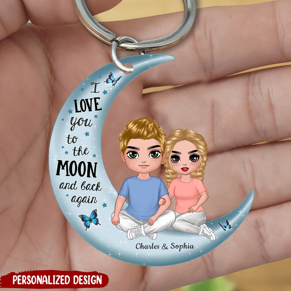 Christmas Doll Couple Sitting Hugging On Moon Personalized Keychain