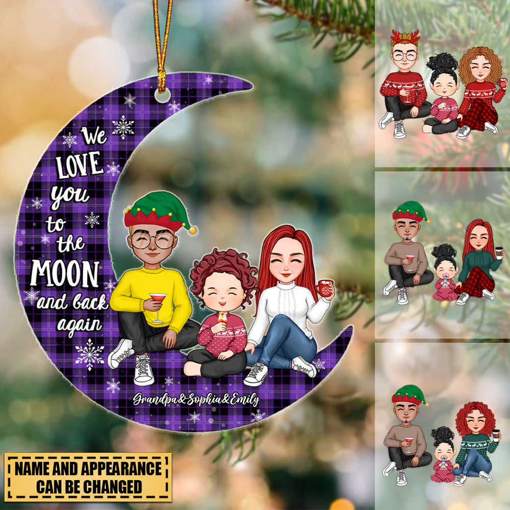 Checkered Pattern Cute Grandma Grandpa & Grandkid On Moon Christmas Gift Personalized Acrylic Ornament