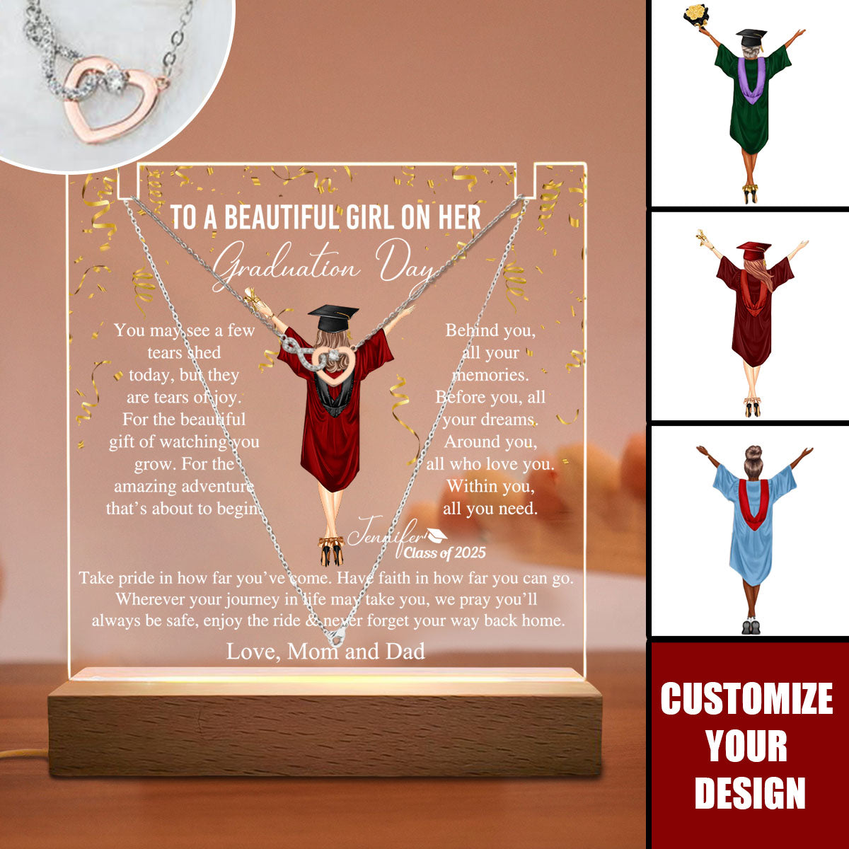 Graduation Gifts For Her - Personalized LED Light Acrylic Plaque With Infinity Necklace