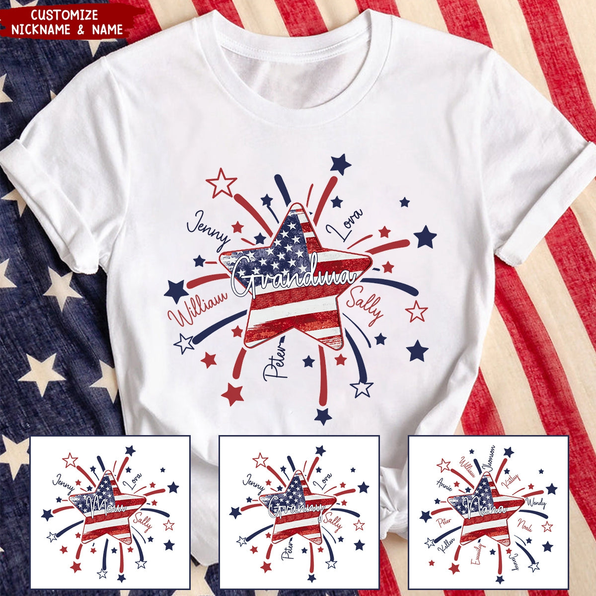 4th of July America Flag Star Mimi Mom Little Kids Personalized T-shirt