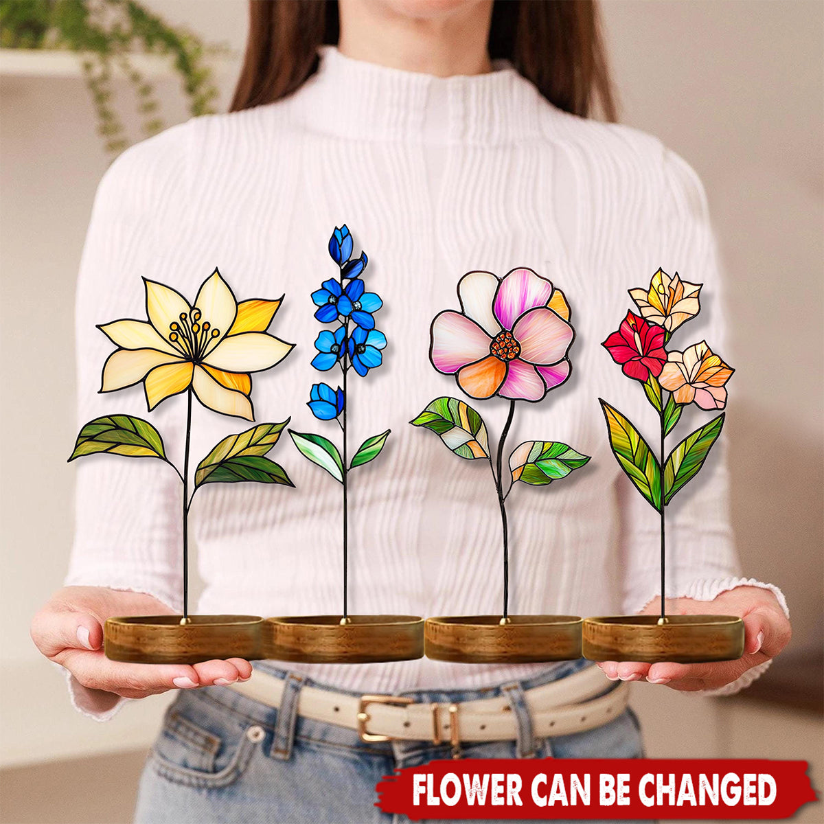 Personalized Birthday Flower Stained Glass Garden Stake Suncatcher