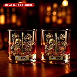 Guitar, Skull & Roses - Personalized Guitar Whiskey Glass