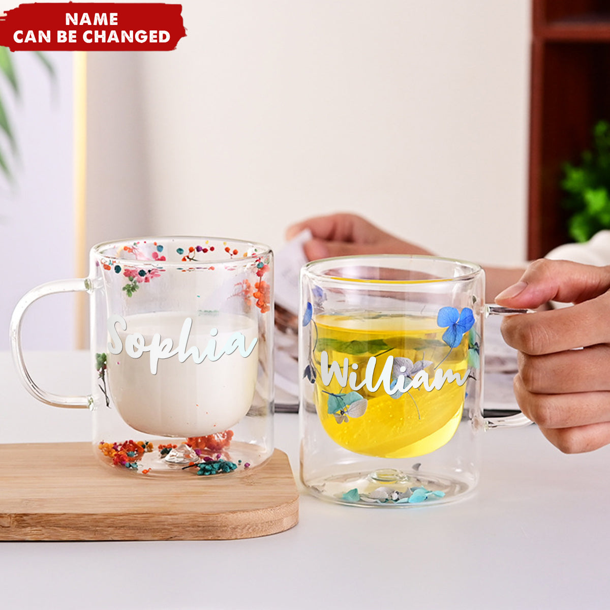 Insulated Layer Dried Flowers Double Wall Glass Personalized Coffee Mugs