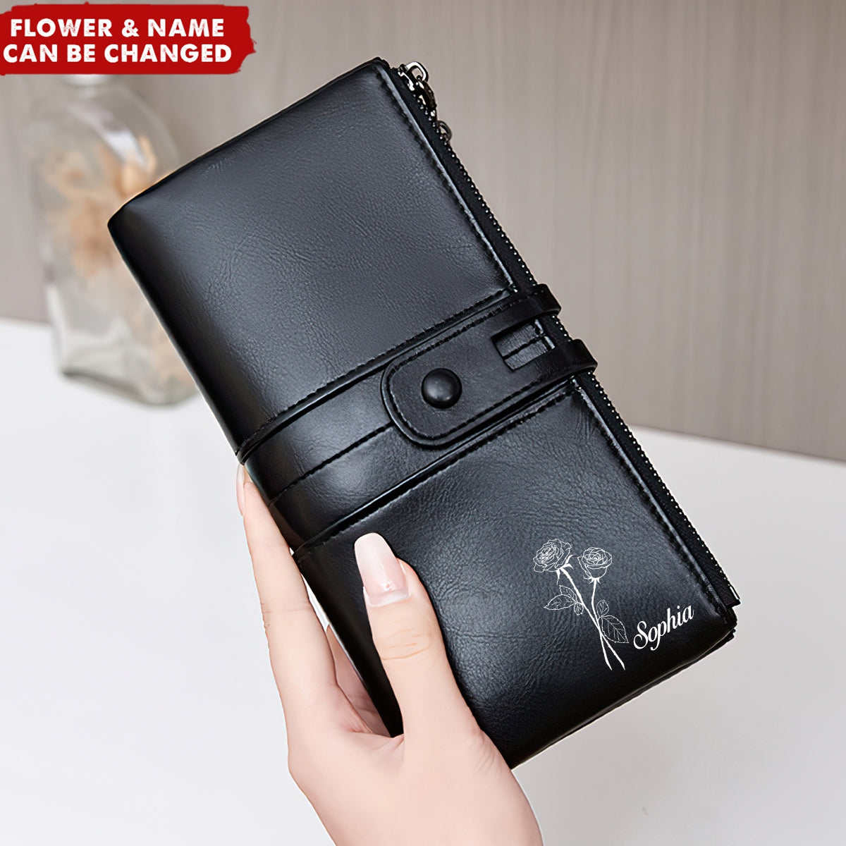 Multi-Card Bit Double Zipper Personalized Birthday Flower Clutch Purse Wallet