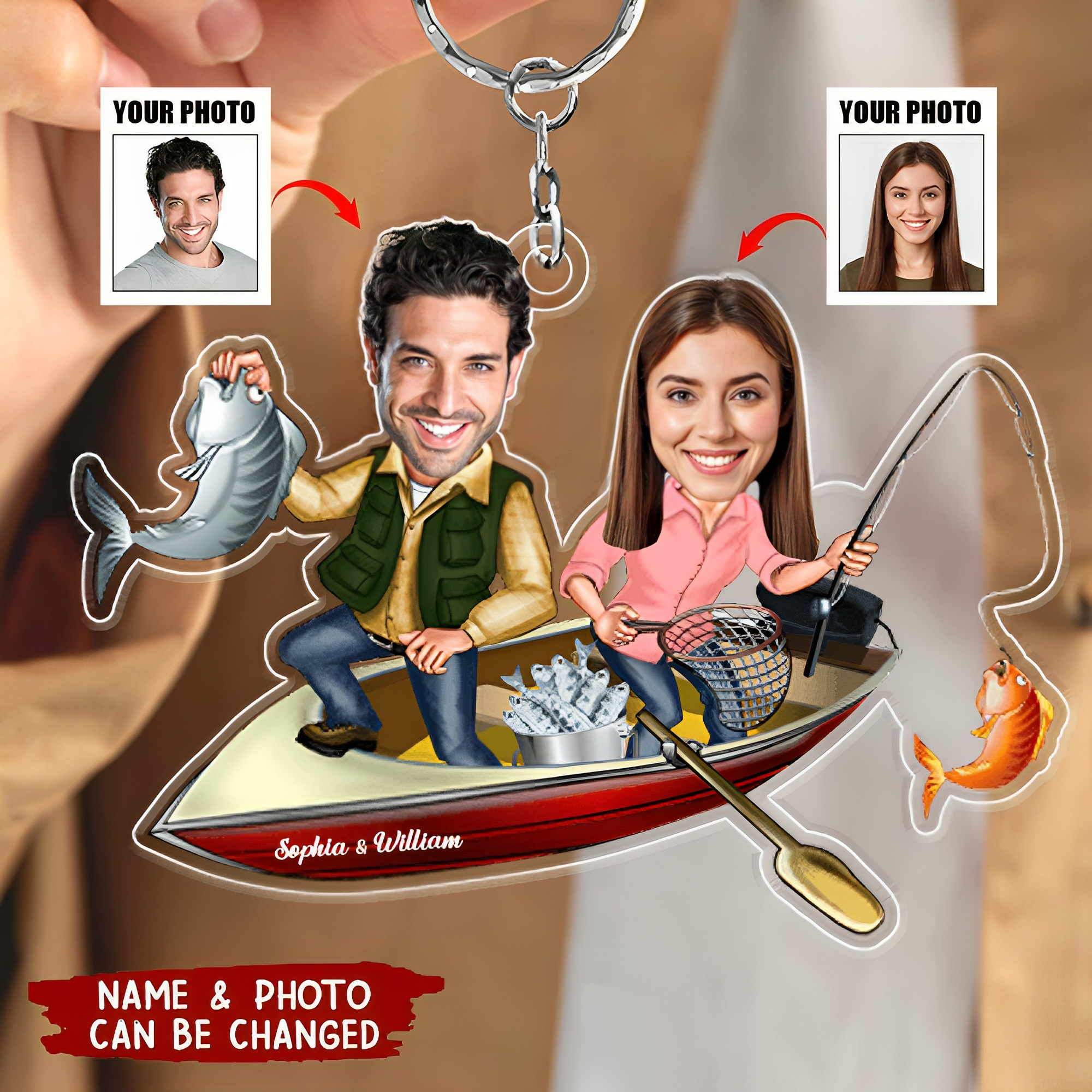 Fishing Couple Personalized Keychain Upload Face Photo, Gift For Him/Her