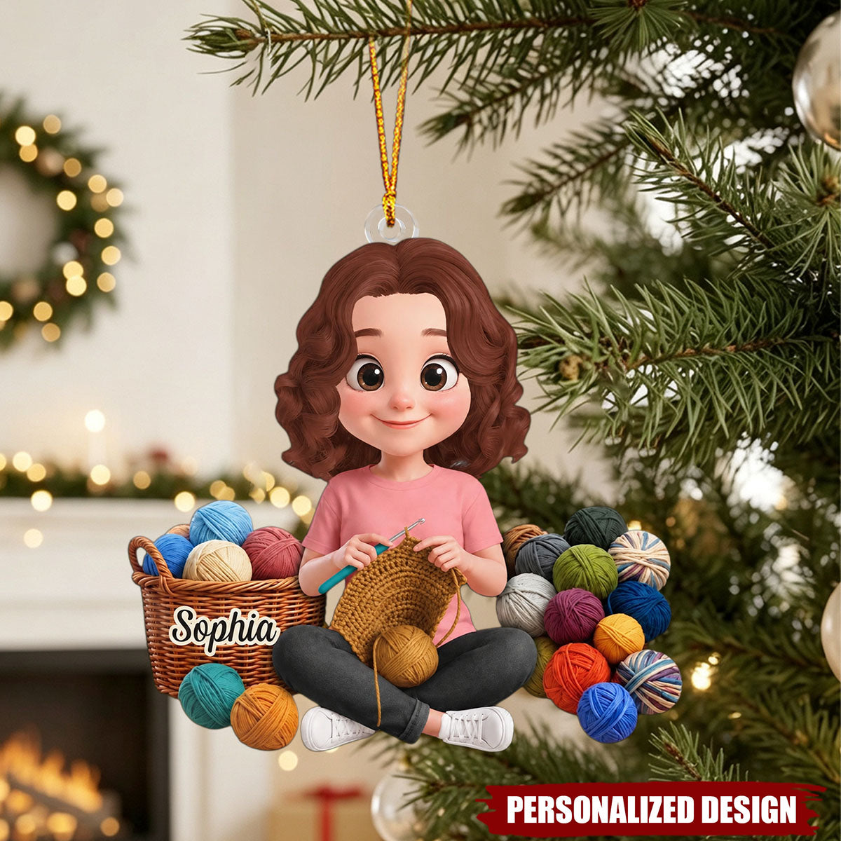 Personalized Crochet Girl Christmas Ornament - Knitting Lover Hanging Decoration