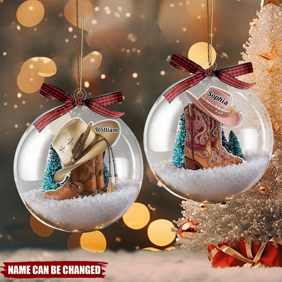Boots And Hat Cowboy Cowgirl Name - Personalized Snow Globe Ornament