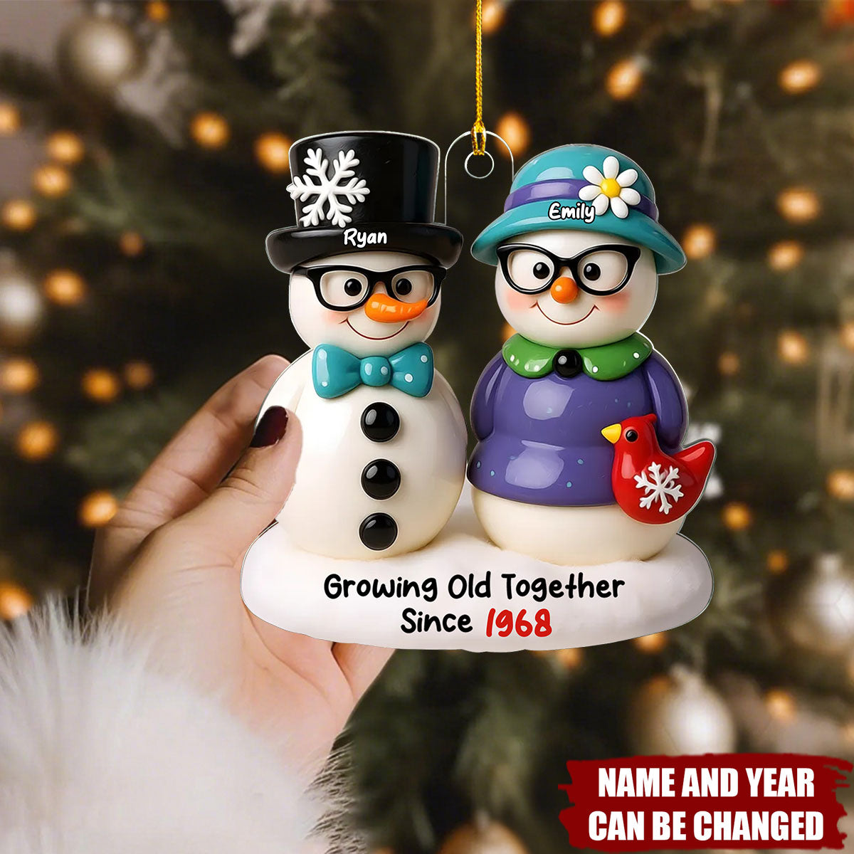 Snowman Couple Growing Old Together - Personalized Acrylic Flat Ornament, Gift For Couple