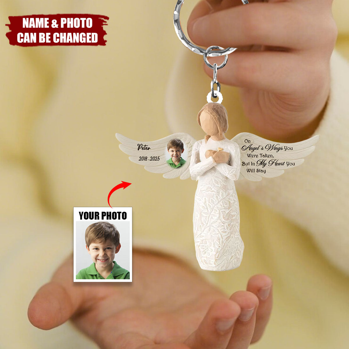 On Angel's Wings You Were Taken, But In My Heart You Will Stay - Personalized Memorial Acrylic Keychain