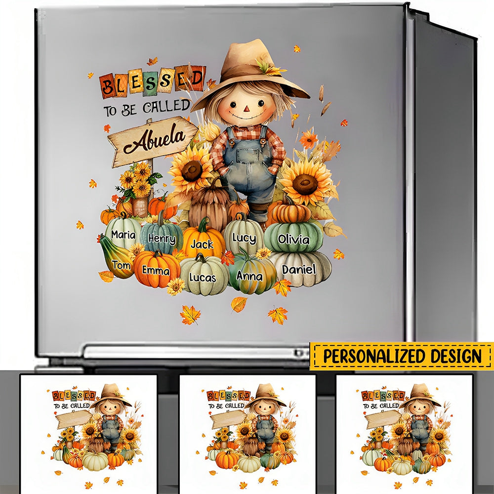 Fall Season Decal - Personalized Cute Scarecrow Grandma With Pumpkin Kids