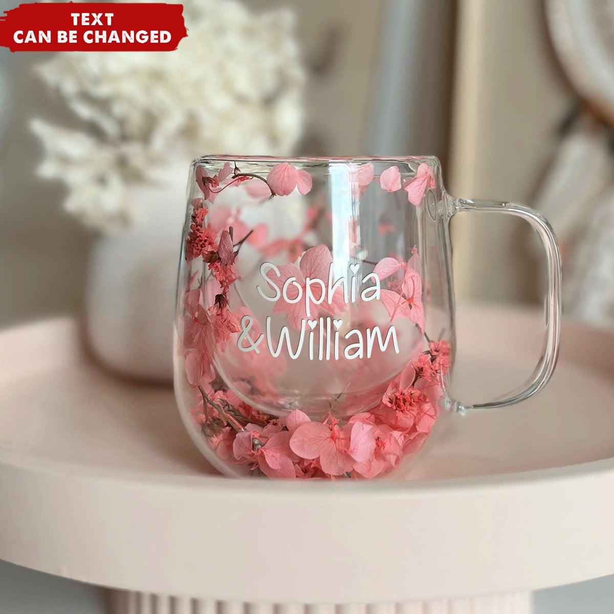 Insulated Layer Dried Flowers Personalized Double Walled Glass Coffee Mug With Handle