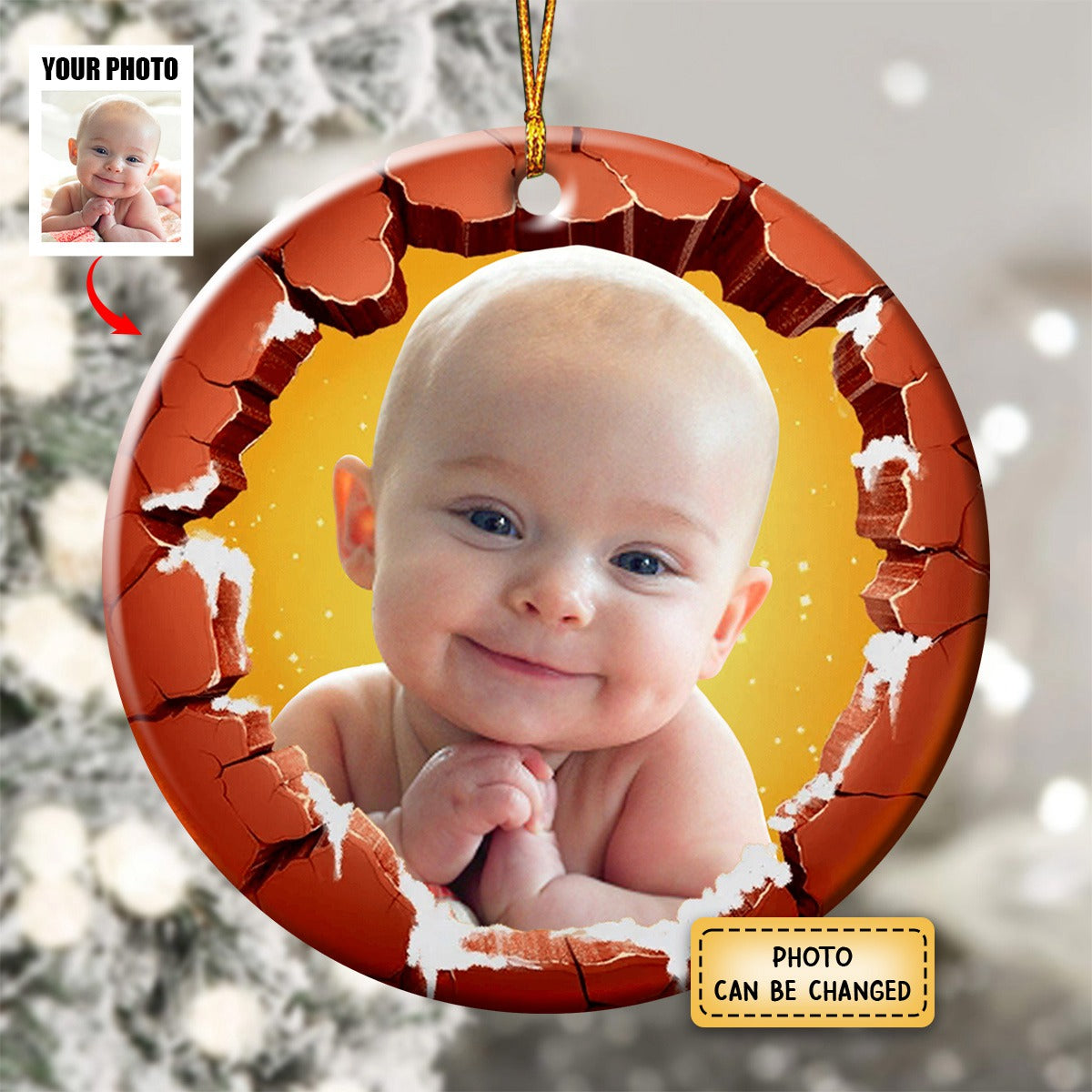 Custom Photo Dog Cat Breaking Through Ornament - Personalized Circle Ceramic Ornament